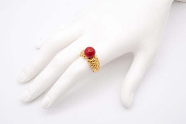 Fred of Paris 1970 Ring And Earring Suite In 18Kt Gold With 7 Cts Of Red Ox Blood Coral