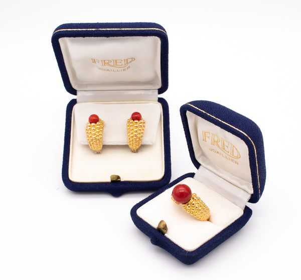 Fred of Paris 1970 Ring And Earring Suite In 18Kt Gold With 7 Cts Of Red Ox Blood Coral