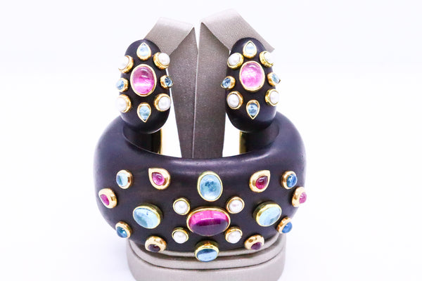 FREDERIC BEZIAT FOR L'OREE du BOIS EBONY CUFF & EARRING SET IN 18 KT GOLD WITH GEMSTONES