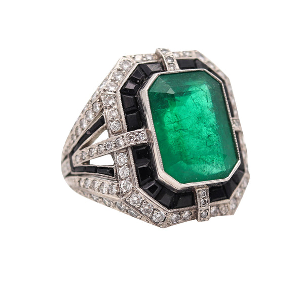Art Deco Cocktail Ring In Platinum With 10.81 Ctw In Emerald Diamonds And Black Jade