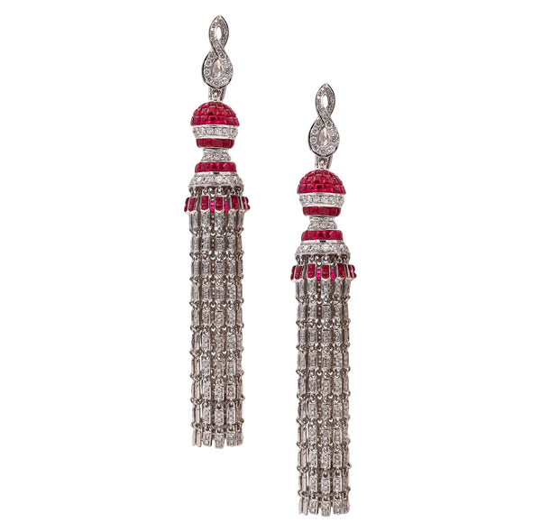 Art Deco Long Drop Earrings In 18Kt White Gold With 11.94 Ctw In Diamonds And Rubies