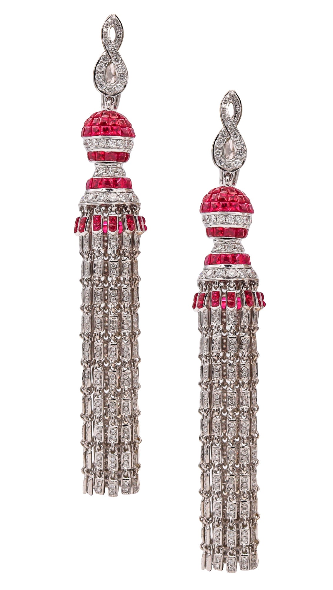 Art Deco Long Drop Earrings In 18Kt White Gold With 11.94 Ctw In Diamonds And Rubies