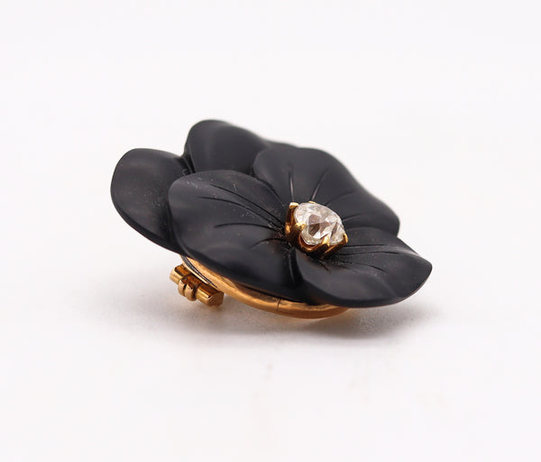 French 1900 Edwardian Art Nouveau Black Onyx Flower Clip In 18Kt Gold With Diamond