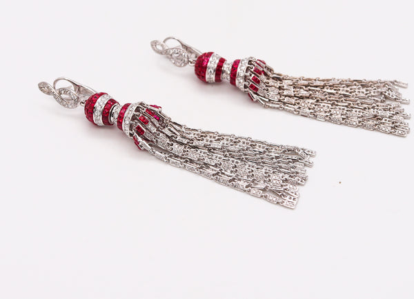 Art Deco Long Drop Earrings In 18Kt White Gold With 11.94 Ctw In Diamonds And Rubies