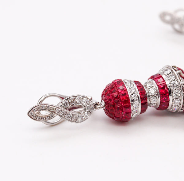 Art Deco Long Drop Earrings In 18Kt White Gold With 11.94 Ctw In Diamonds And Rubies