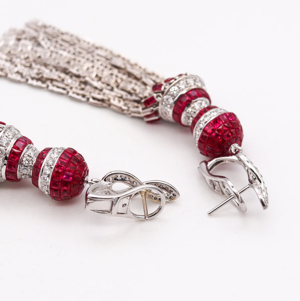 Art Deco Long Drop Earrings In 18Kt White Gold With 11.94 Ctw In Diamonds And Rubies