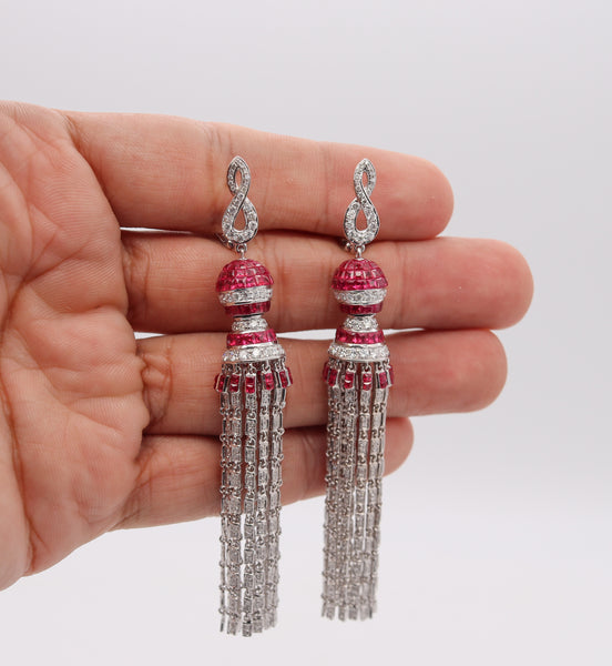 Art Deco Long Drop Earrings In 18Kt White Gold With 11.94 Ctw In Diamonds And Rubies