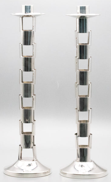 Cleto Munari 1985 Milano Pair Of Modernist Geometric Candlesticks In 925 Sterling Silver