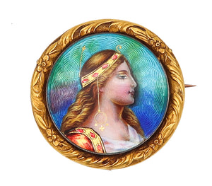 Meyle Mayer Pforzheim 1895 German Art Nouveau Enamel Brooch In 18Kt Gold With Portrait Of Diana