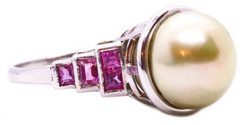 ART DECO PLATINUM 1930 RING WITH NATURAL PEARL & RUBY GEMSTONES