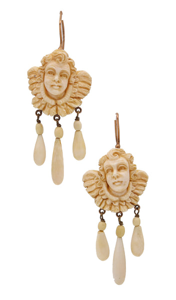 French 1820 Pair Of Dangle Drop Earrings In 18Kt Gold With Cherubs Carvings