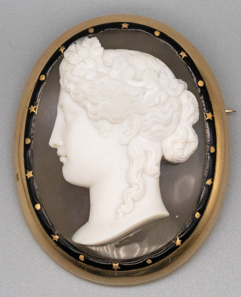 Austrian 1870 Vienna Carved Agate Cameo Of Heba In 18Kt Yellow Gold With Enamel