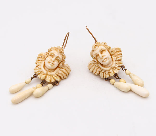 French 1820 Pair Of Dangle Drop Earrings In 18Kt Gold With Cherubs Carvings