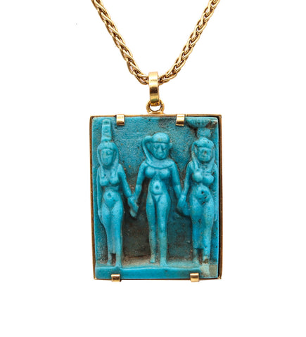 Egyptian Revival 664 BC Blue Faience Triad Of Gods Pendant In 18Kt Yellow Gold