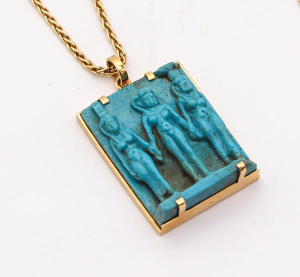 Egyptian Revival 664 BC Blue Faience Triad Of Gods Pendant In 18Kt Yellow Gold