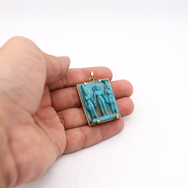 Egyptian Revival 664 BC Blue Faience Triad Of Gods Pendant In 18Kt Yellow Gold