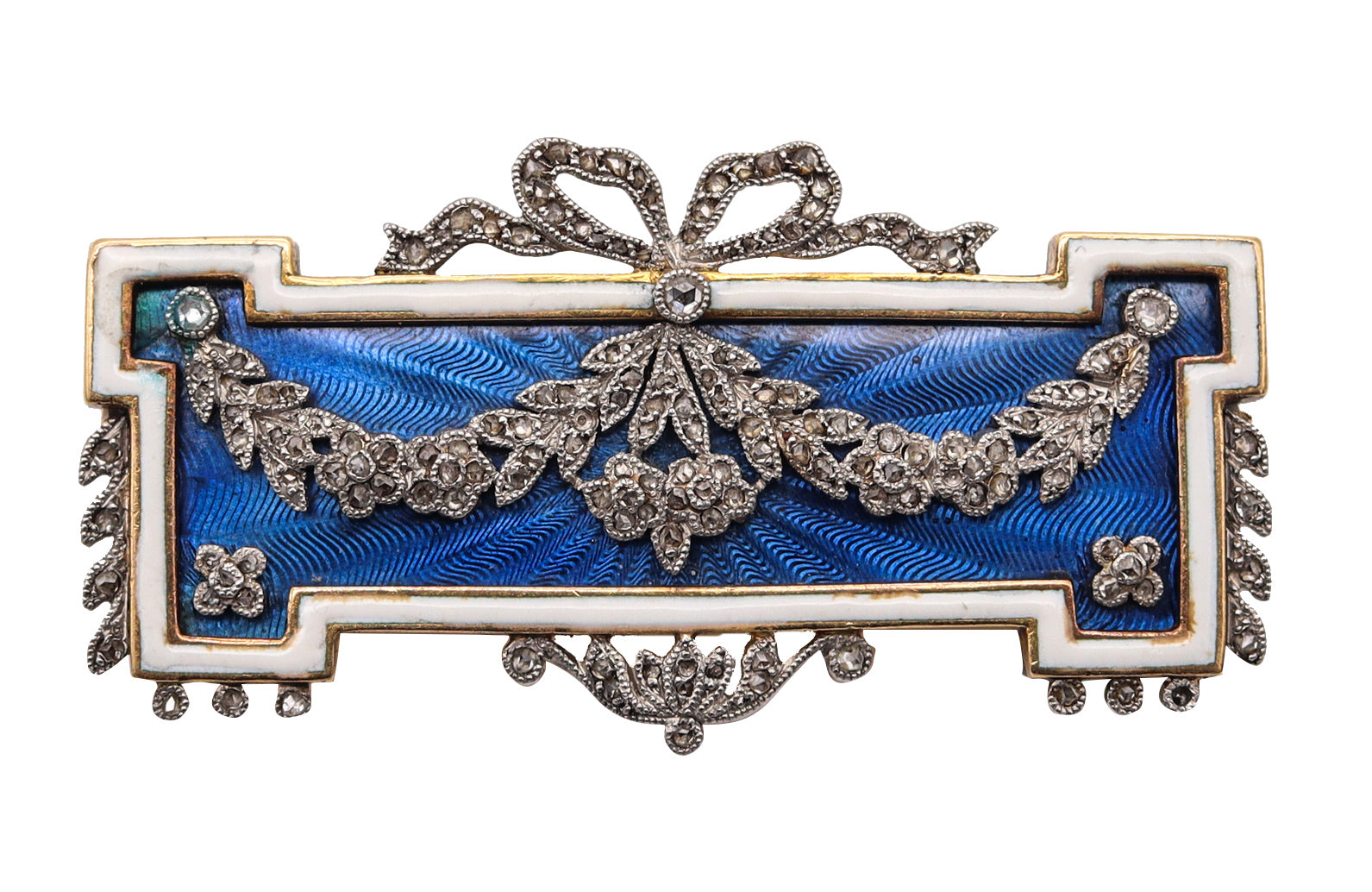 -French Edwardian 1905 Guilloche Enamel Brooch Pendant In Platinum And 18Kt Gold With Diamonds