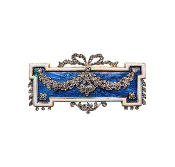 -French Edwardian 1905 Guilloche Enamel Brooch Pendant In Platinum And 18Kt Gold With Diamonds