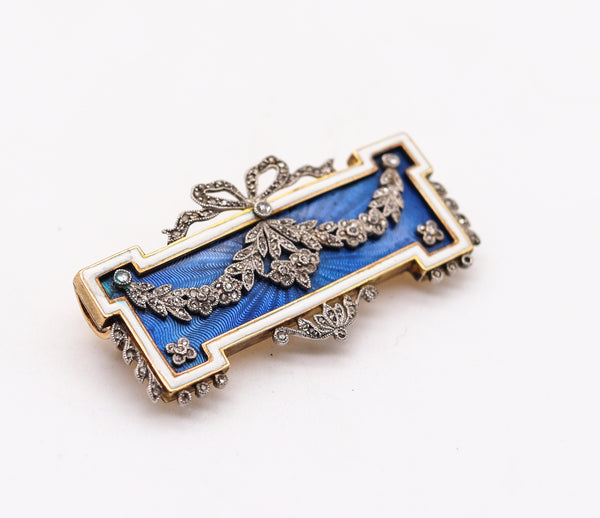 -French Edwardian 1905 Guilloche Enamel Brooch Pendant In Platinum And 18Kt Gold With Diamonds