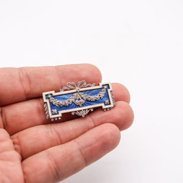 -French Edwardian 1905 Guilloche Enamel Brooch Pendant In Platinum And 18Kt Gold With Diamonds