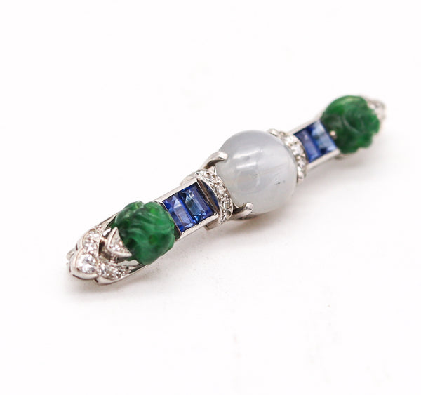 Wedderien 1928 Art Deco Carved Jade Clip In Platinum With 12.51 Cts In Diamonds And Sapphires