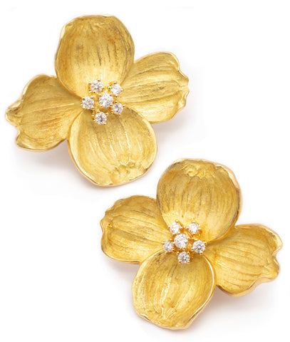 -Tiffany & Co Dogwood Flowers Large Earrings In 18Kt Yellow Gold With Diamonds