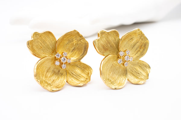 -Tiffany & Co Dogwood Flowers Large Earrings In 18Kt Yellow Gold With Diamonds