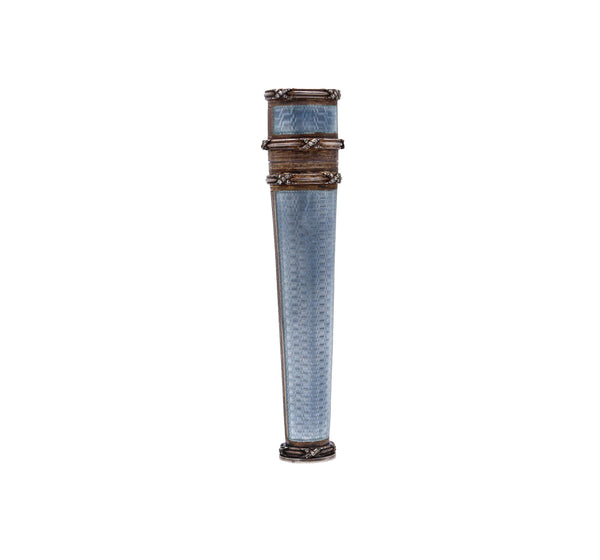 French 1890 Etui Sealing Wax Case With Guilloche Blue Enamel In Sterling Silver And Diamonds