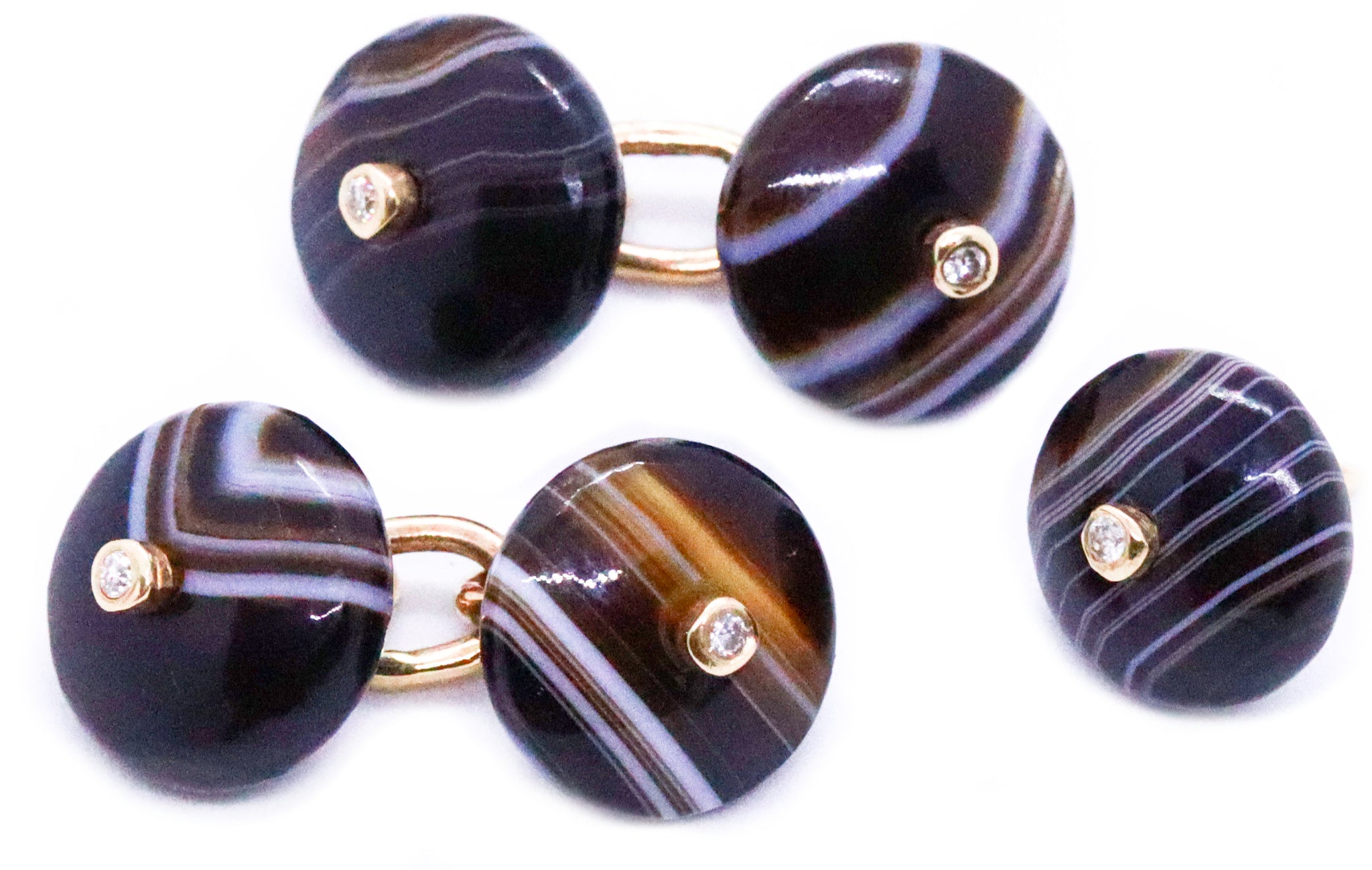 SCOTTISH AGATE & DIAMONDS 18 KT PAIR OF CUFFLINKS AND TIE PIN