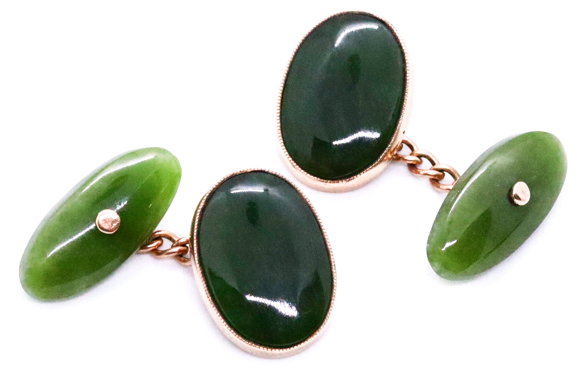 British Art Deco 1930 Antique Pair Of Cufflinks In 9Kt Rose Gold With Natural Translucent Green Jade