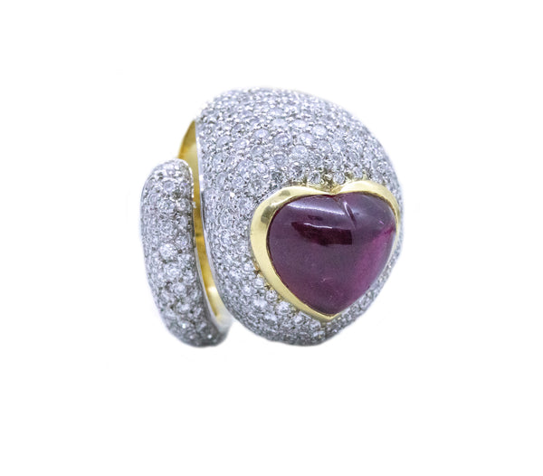 MODERN 18 KT YELLOW GOLD RING WITH 10.08 Cts DIAMONDS & RUBELLITE