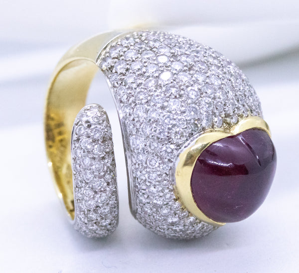 MODERN 18 KT YELLOW GOLD RING WITH 10.08 Cts DIAMONDS & RUBELLITE