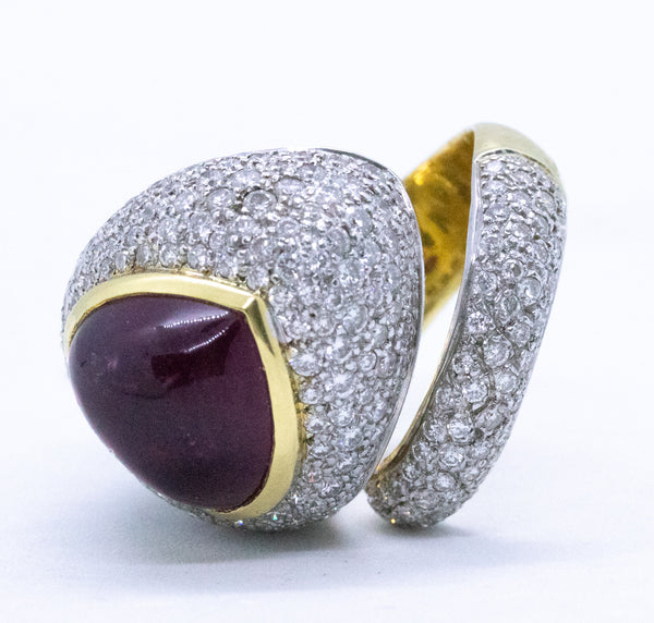 MODERN 18 KT YELLOW GOLD RING WITH 10.08 Cts DIAMONDS & RUBELLITE