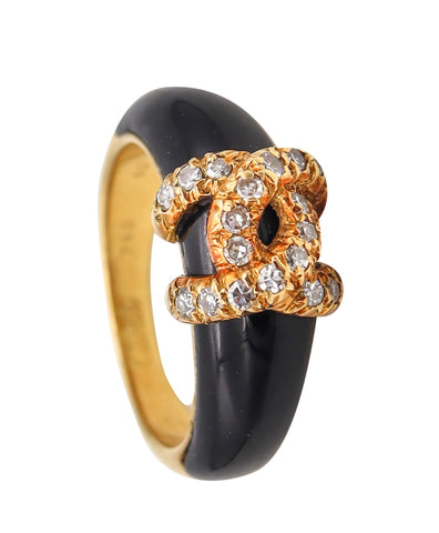 Cartier Paris 1970 Vintage C Ring In 18Kt Yellow Gold With Diamonds And Onyx