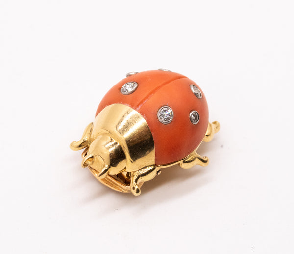 Cartier 1940 Paris Art-Deco Rare Ladybug Pin Brooch In 18 Kt Yellow Gold With Coral & Diamonds