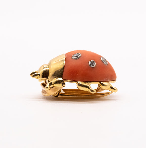 Cartier 1940 Paris Art-Deco Rare Ladybug Pin Brooch In 18 Kt Yellow Gold With Coral & Diamonds