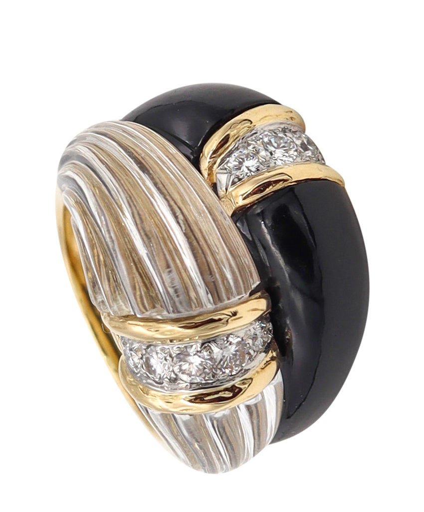 Boucheron Paris 1972 Cocktail Ring in 18 Kt Gold With VS Diamonds Rock Quartz & Onyx