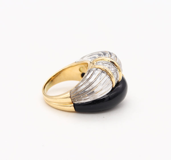 Boucheron Paris 1972 Cocktail Ring in 18 Kt Gold With VS Diamonds Rock Quartz & Onyx