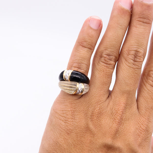 Boucheron Paris 1972 Cocktail Ring in 18 Kt Gold With VS Diamonds Rock Quartz & Onyx