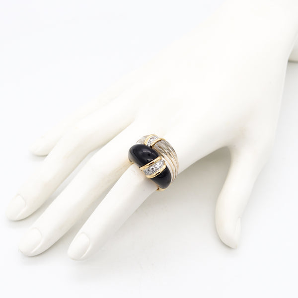 Boucheron Paris 1972 Cocktail Ring in 18 Kt Gold With VS Diamonds Rock Quartz & Onyx