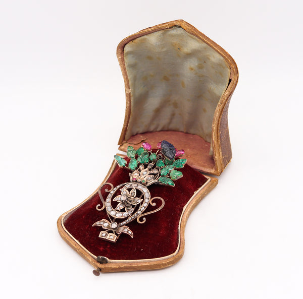 Victorian 1837 Mughal Tutti Frutti Brooch In 17Kt Gold With 20.69 Ctw In Carved Gemstones