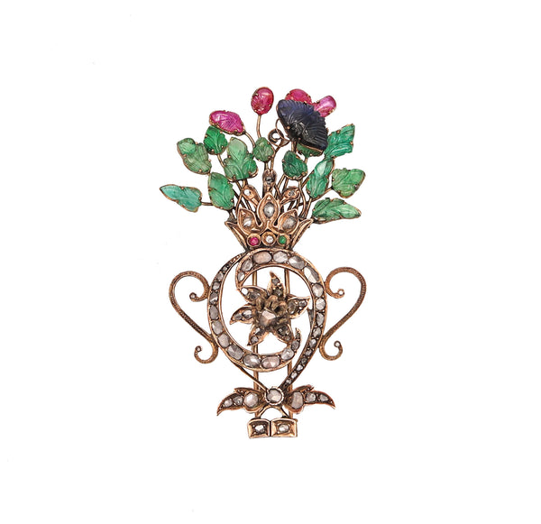 Victorian 1837 Mughal Tutti Frutti Brooch In 17Kt Gold With 20.69 Ctw In Carved Gemstones