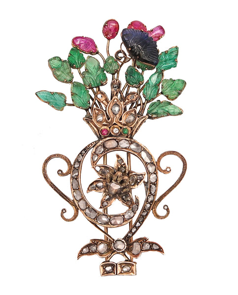 Victorian 1837 Mughal Tutti Frutti Brooch In 17Kt Gold With 20.69 Ctw In Carved Gemstones