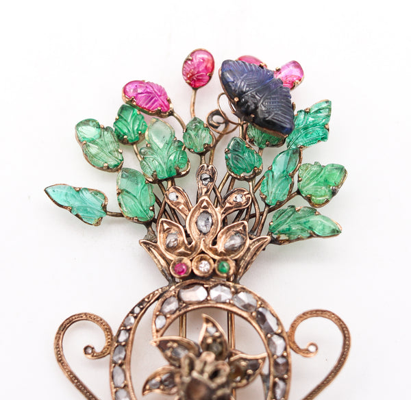 Victorian 1837 Mughal Tutti Frutti Brooch In 17Kt Gold With 20.69 Ctw In Carved Gemstones