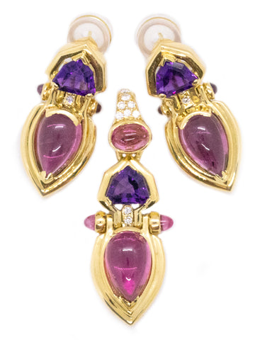 EARRING AND PENDANT 18 KT SET WITH 21.15 Cts OF DIAMONDS, PINK TOURMALINE & AMETHYST