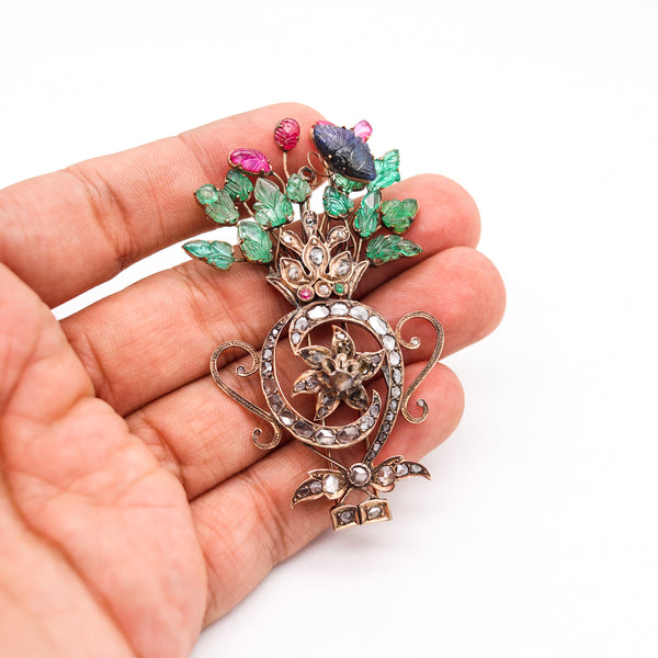 Victorian 1837 Mughal Tutti Frutti Brooch In 17Kt Gold With 20.69 Ctw In Carved Gemstones