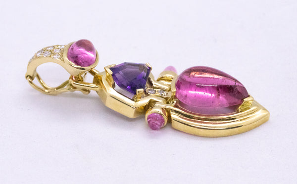 EARRING AND PENDANT 18 KT SET WITH 21.15 Cts OF DIAMONDS, PINK TOURMALINE & AMETHYST