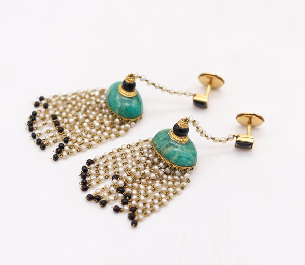 French Art Deco 1920 Dangle Tassels Earrings In 18Kt Gold With Jade And Pearls