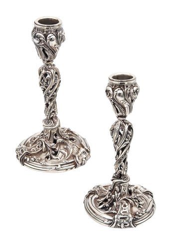 Charles Harleux 1895 Paris Art Nouveau Pair Of Candlestick In Sterling Silver