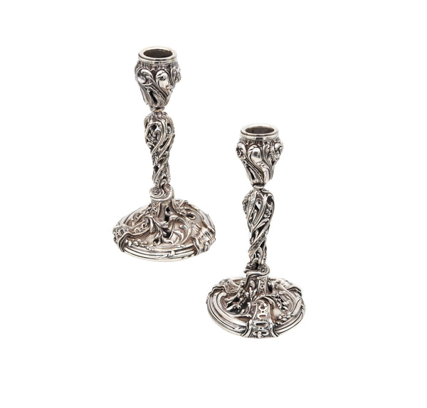 Charles Harleux 1895 Paris Art Nouveau Pair Of Candlestick In Sterling Silver